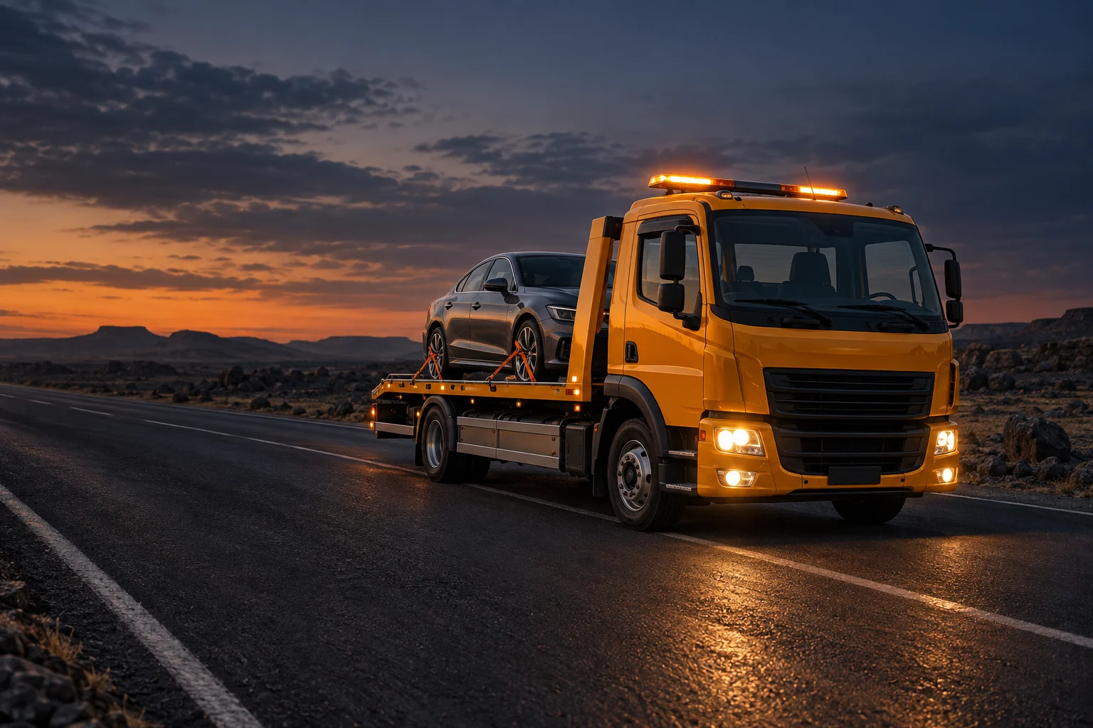 Yol üzerinde otomobil taşıyan sarı platformlu çekici; temsili görsel